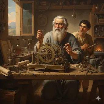 Retrato de Arquímedes de Siracusa reflexionando, con el mecanismo de Anticitera