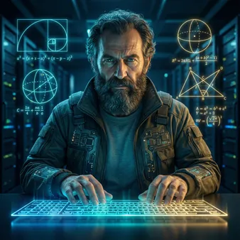 Avatar realista de Arquímedes: un hombre griego mayor con barba, tecleando en un teclado holográfico futurista. Fondo oscuro con constelaciones matemáticas brillantes.